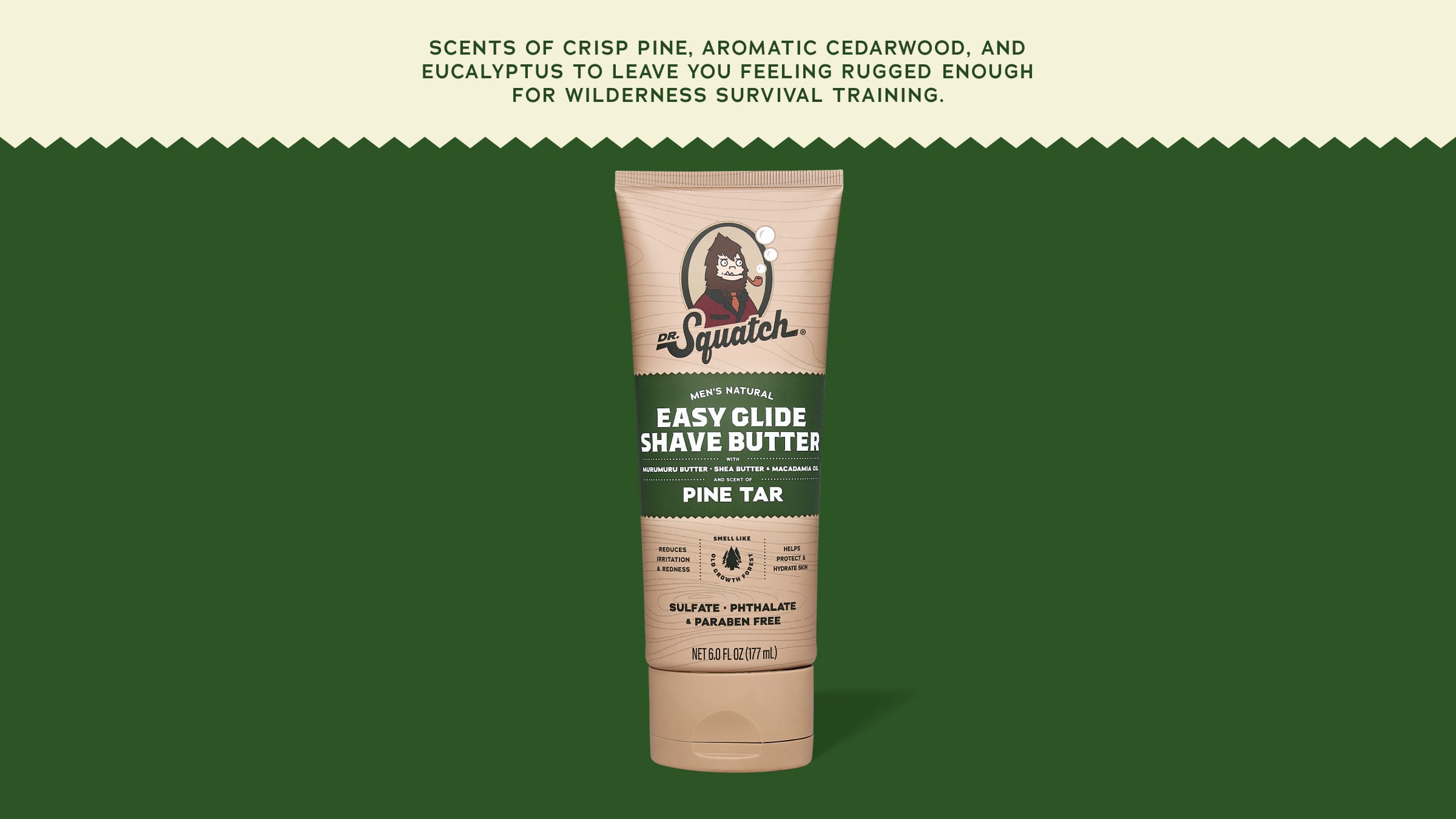Brand and ingredient story panel for Dr. Squatch Easy Glide Shave Butter Pine Tar