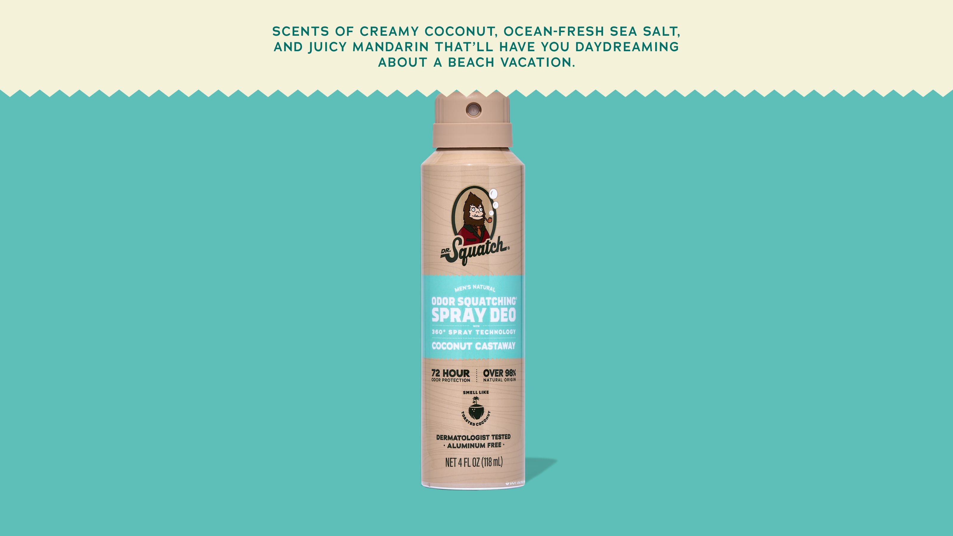 Dr. Squatch Coconut Castaway spray deodorant bottle against turquoise background with wave pattern.