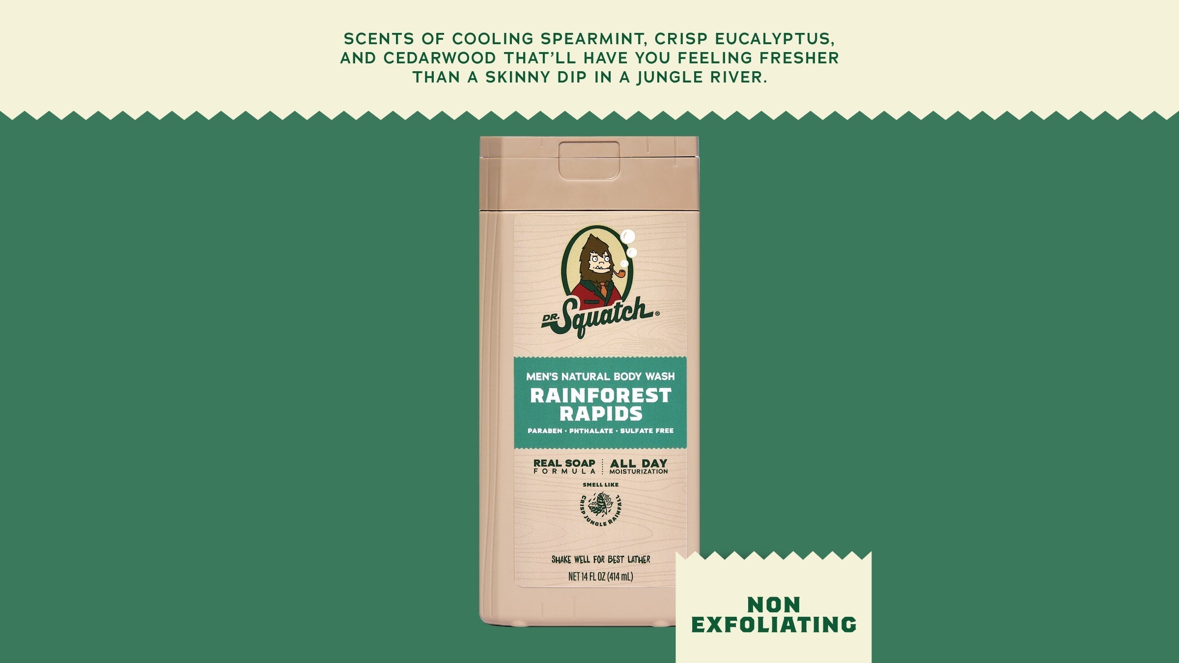 Brand and ingredient story panel for Dr. Squatch 14 oz Rainforest Rapids Body Wash