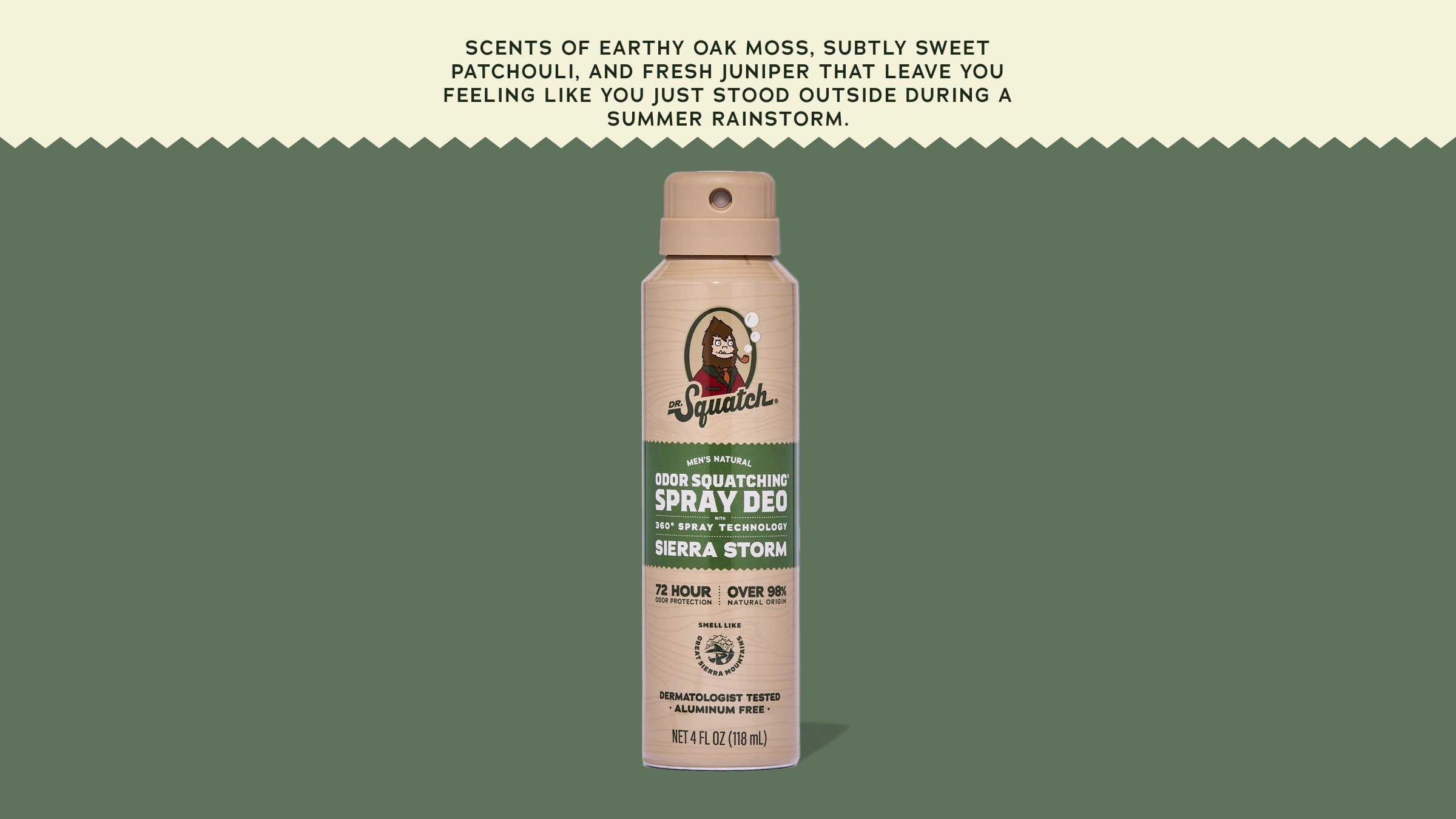 Brand and ingredient story panel for Dr. Squatch Sierra Storm Spray Deodorant